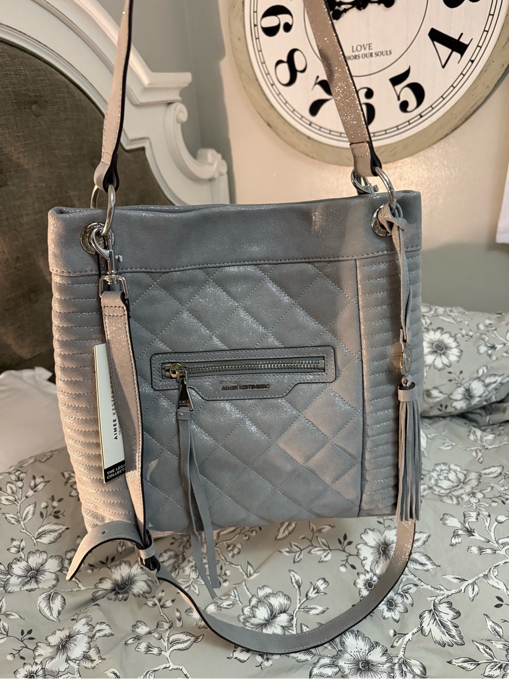 Aimee kestenberg Quilted convertible Crossbody bag crystal metallic grey nwt